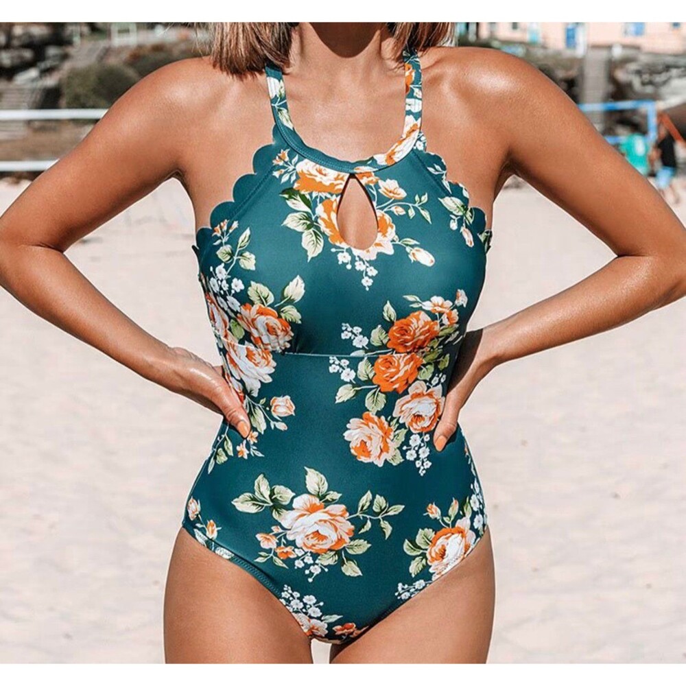 Cupshe Teal Floral Scalloped One Piece Swimsuit Size S New With Tags